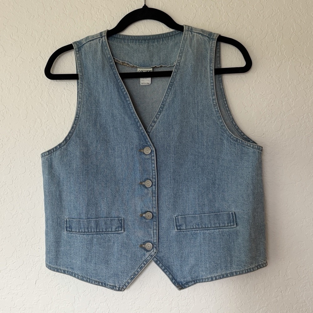 Vintage 90s Y2K Denim Vest Women Medium Blue V Neck Paper Tag Cottagecore
